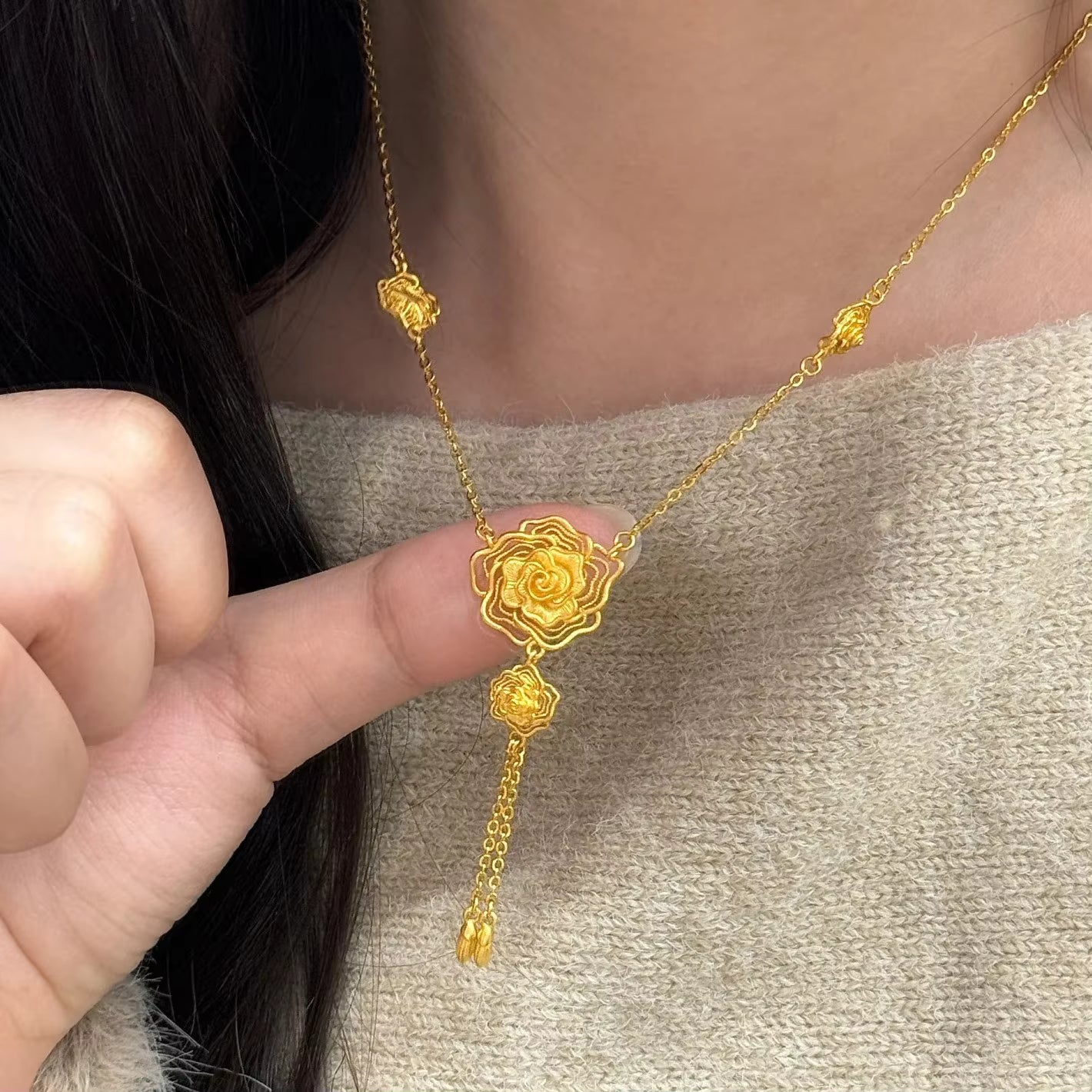 Luxury 24K 9999 Pure Gold real gold Women's Winding Rose Pendant Necklace