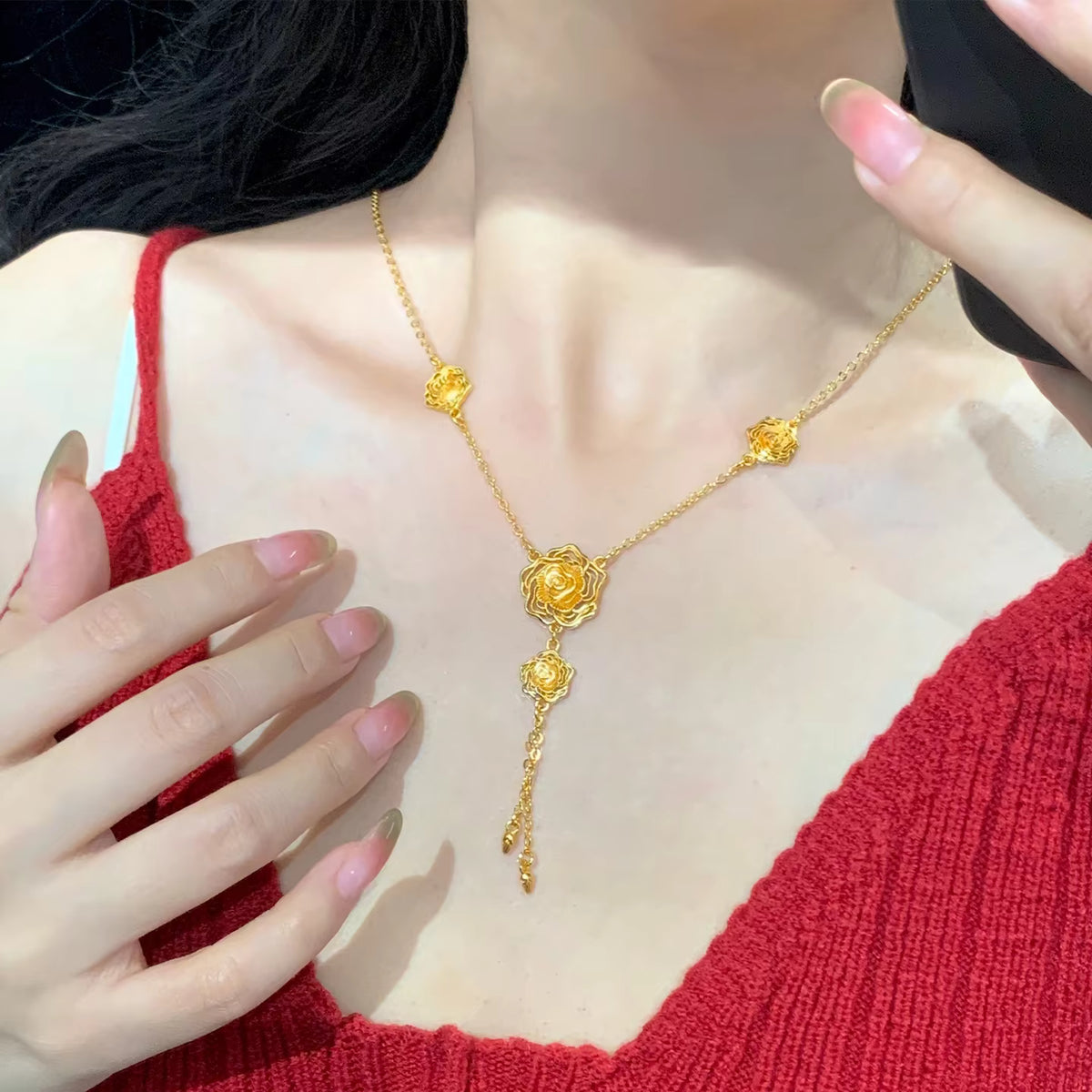 Luxury 24K 9999 Pure Gold real gold Women's Winding Rose Pendant Necklace