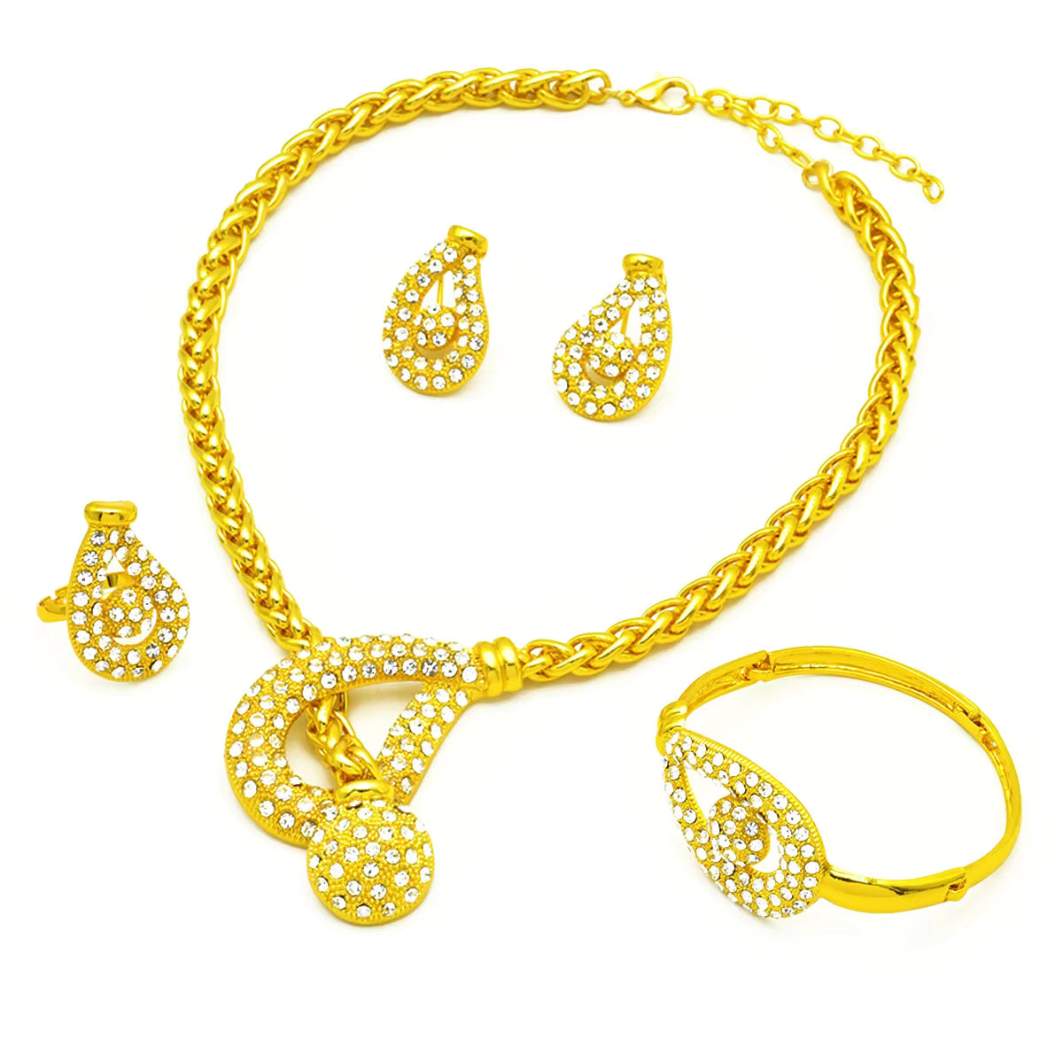 Unique Fashion Diamond-Set Jewelry Set Necklace Earrings Bracelet Ring Women's 24K Gold AU999 - Shiny diamonds,