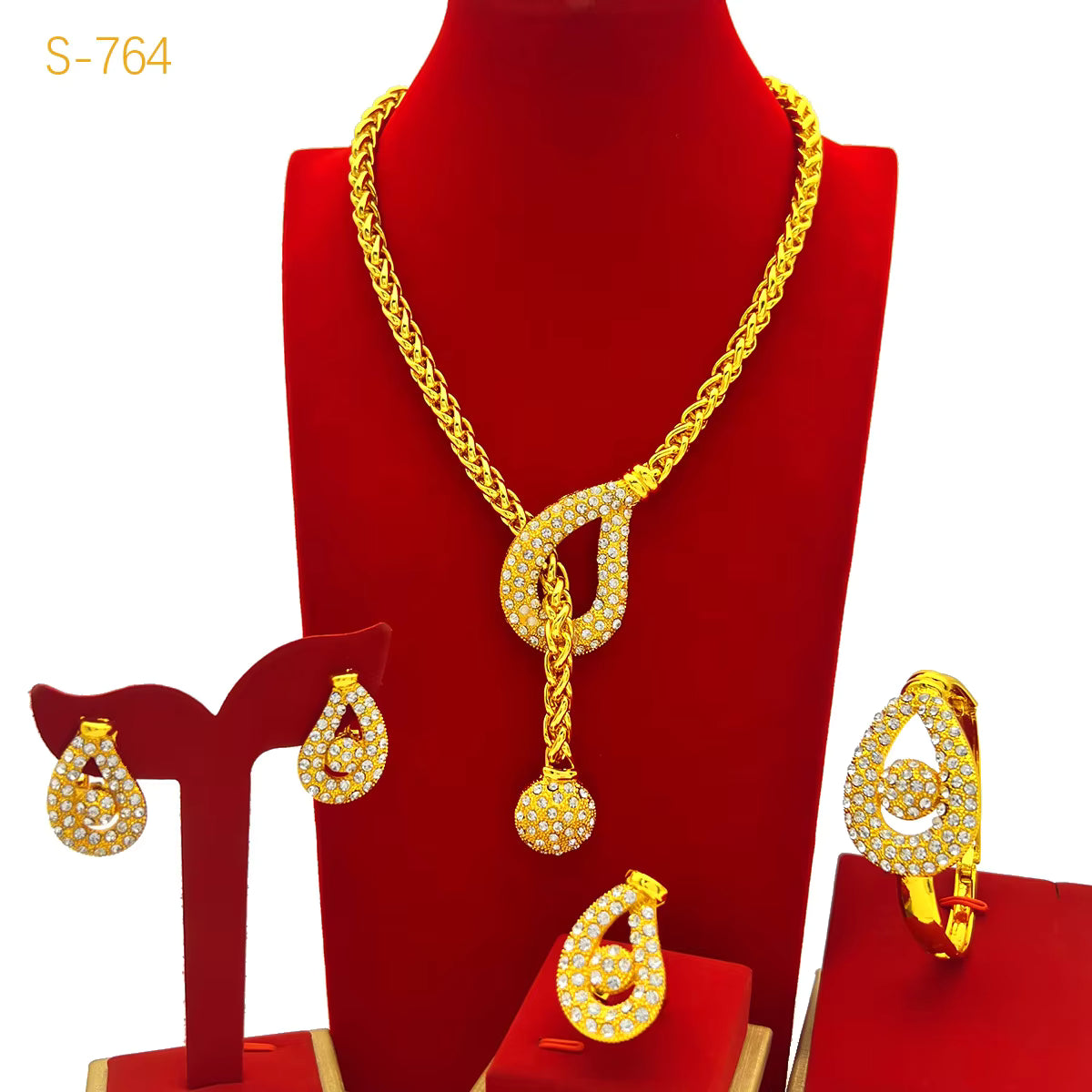 Unique Fashion Diamond-Set Jewelry Set Necklace Earrings Bracelet Ring Women's 24K Gold AU999 - Shiny diamonds,