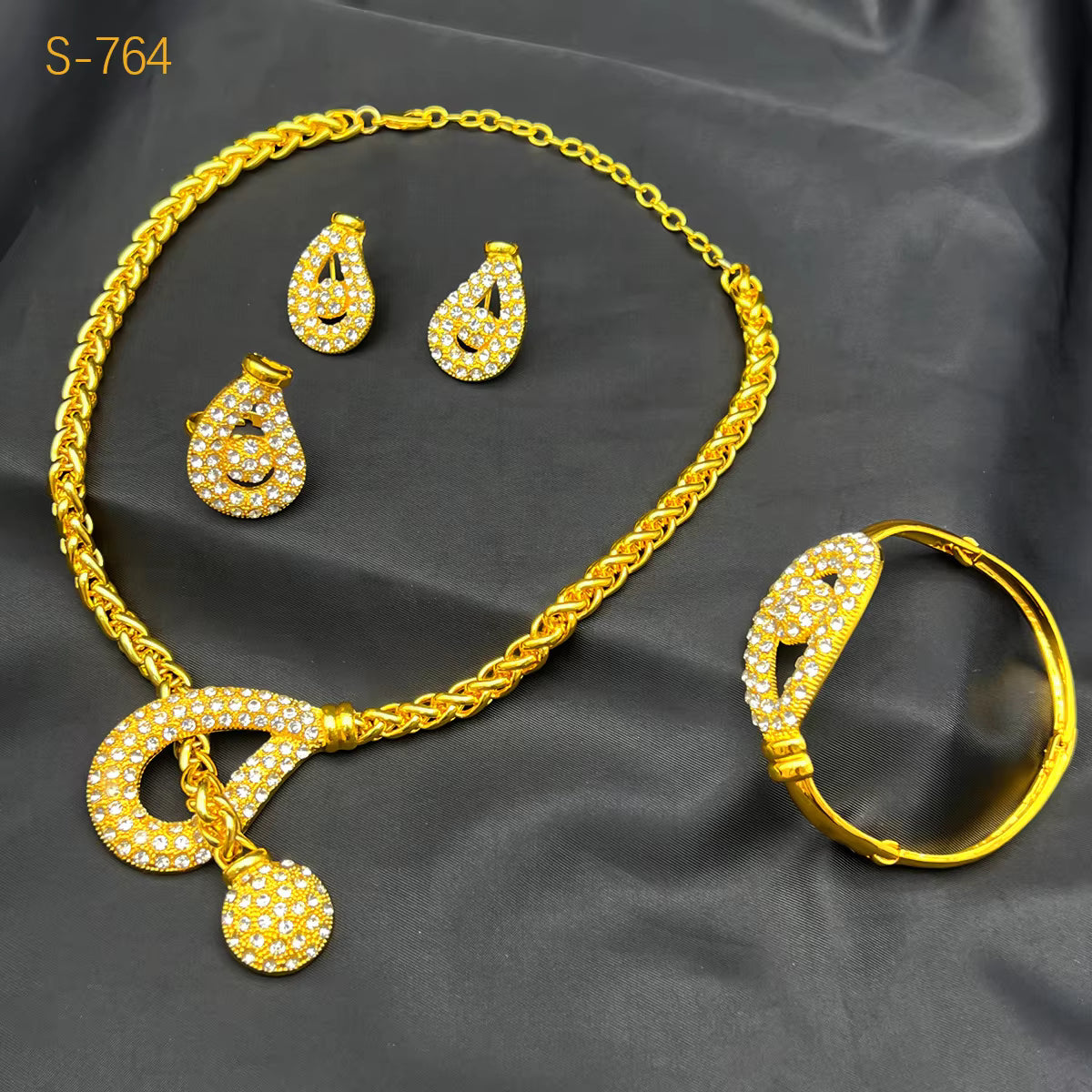 Unique Fashion Diamond-Set Jewelry Set Necklace Earrings Bracelet Ring Women's 24K Gold AU999 - Shiny diamonds,