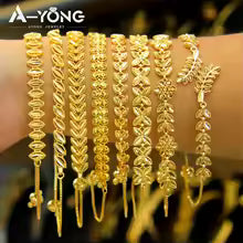 Luxury Dubai Gold Plated Bracelet 21k Gold Color Muslim Women Lucky Charm Bangles Oman Saudi Bridal Event Party Jewelry