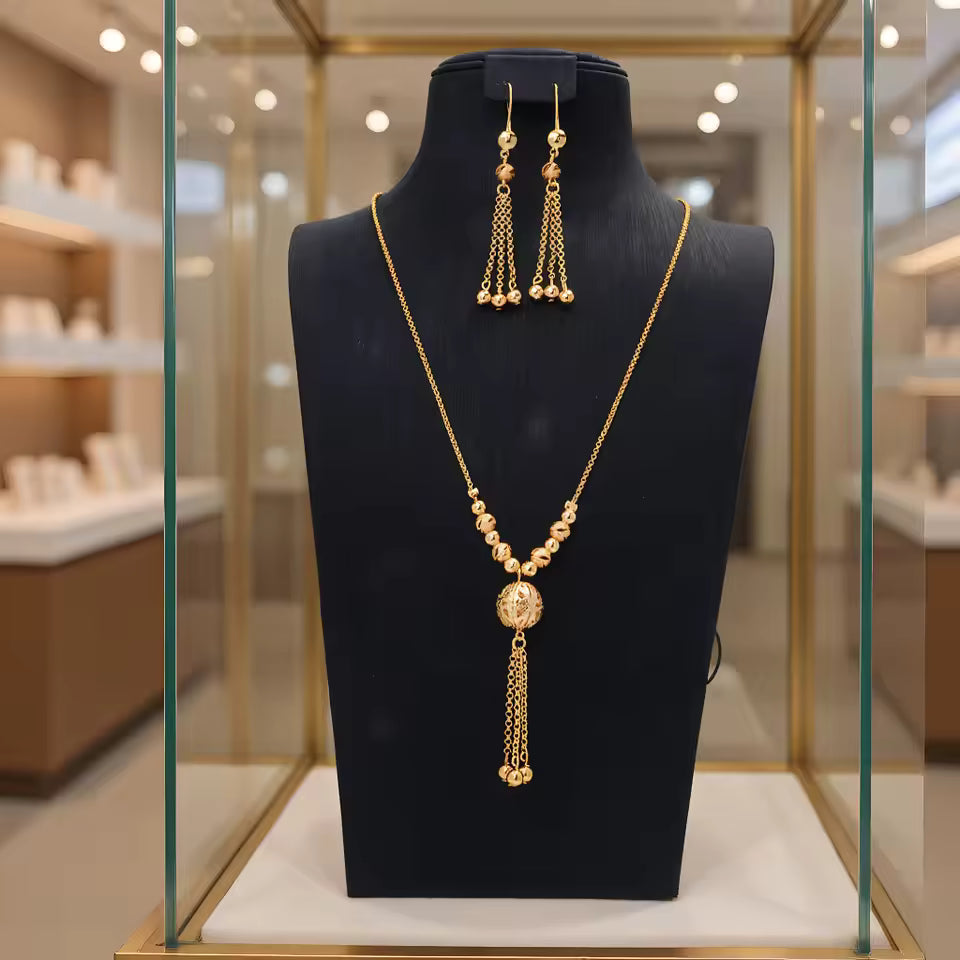 Luxury 24K 9999 Pure Gold real gold Middle East Tassel Necklace Earrings Set Women Wedding Banquet Necklace