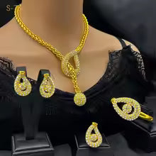 Unique Fashion Diamond-Set Jewelry Set Necklace Earrings Bracelet Ring Women's 24K Gold AU999 - Shiny diamonds,